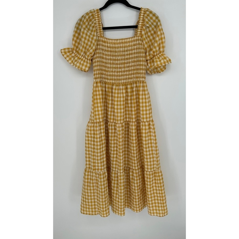 ZESICA MustardYellow Gingham MidiDress Small Smocked PuffSleeve Cottagecore Boho